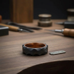 Copper Sleeve Damascus Ring with Carved Faceted Exterior detail view by JW SteelCrafts