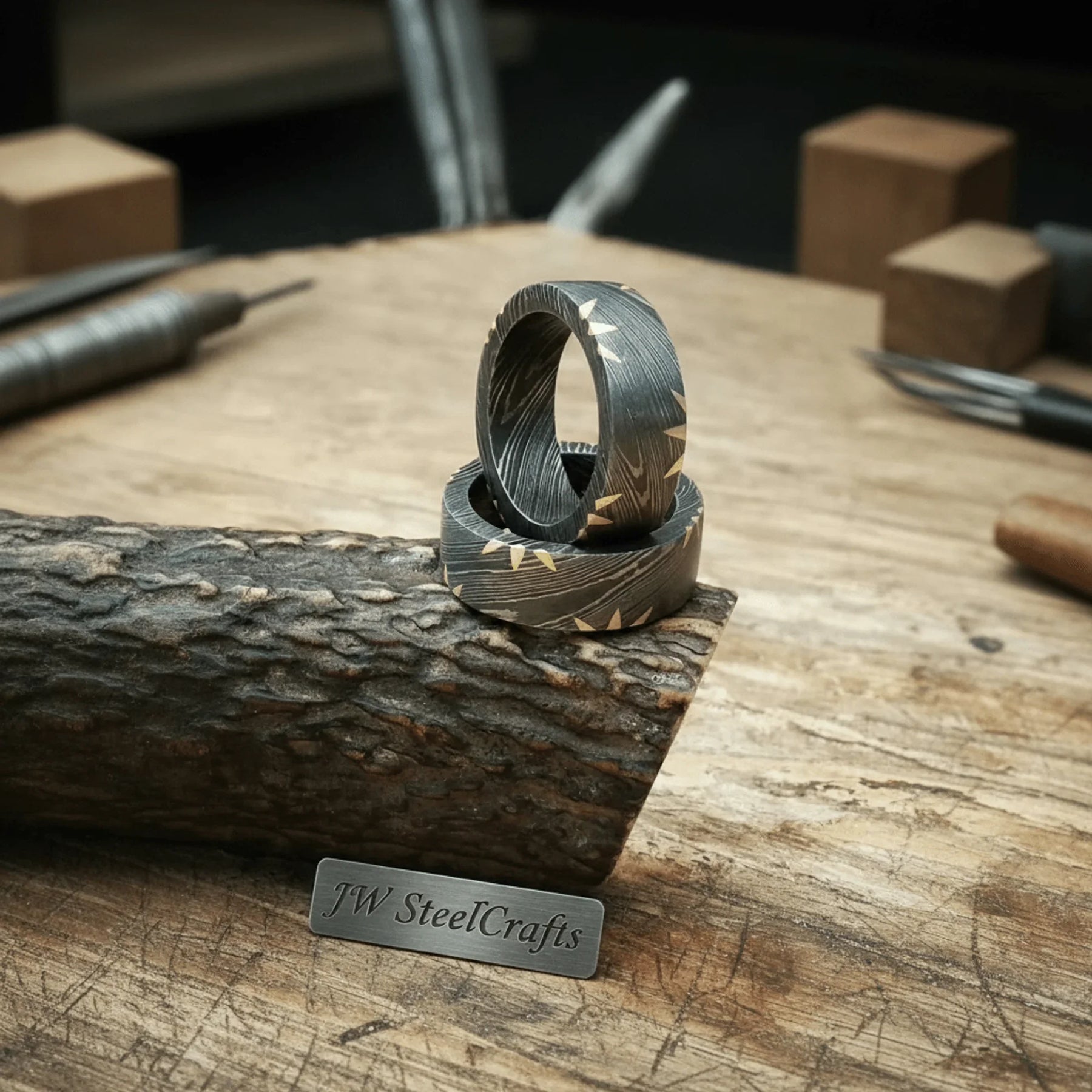 Damascus Gold Fan Edge Rings pair with Sunburst Inlay detail view by JW SteelCrafts