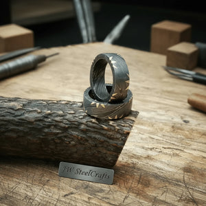 Damascus Gold Fan Edge Rings pair with Sunburst Inlay detail view by JW SteelCrafts