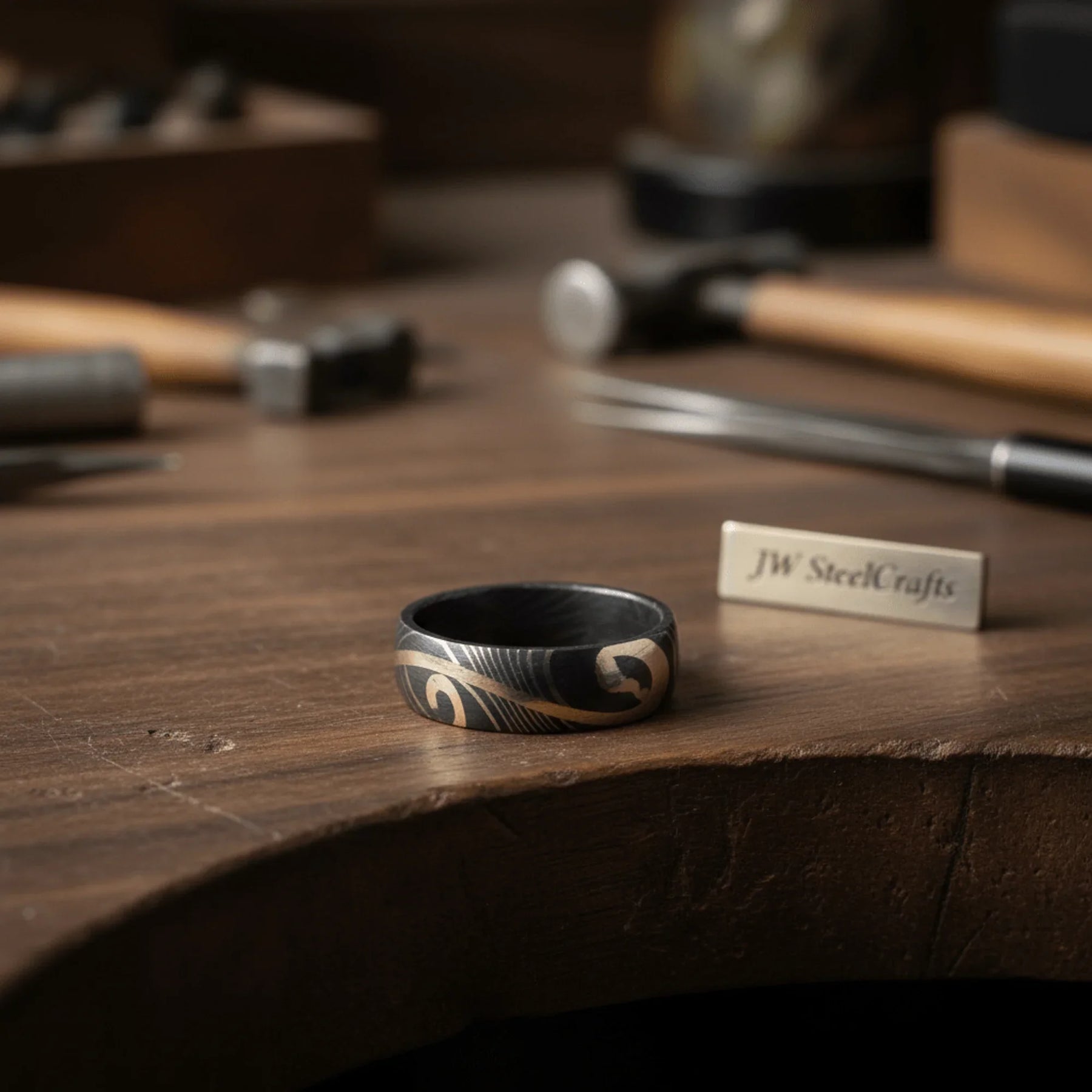 Damascus Gold Wave Inlay Ring with Organic Brass Swirl detail view by JW SteelCrafts