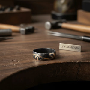 Damascus Gold Wave Inlay Ring with Organic Brass Swirl detail view by JW SteelCrafts