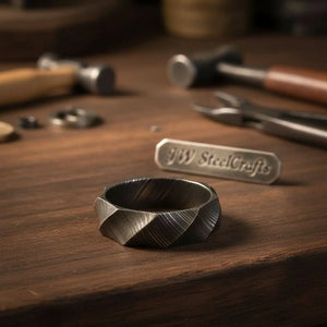 Mens Damascus Steel Faceted Wedding Band Handmade Geometric Ring detail view by JW SteelCrafts