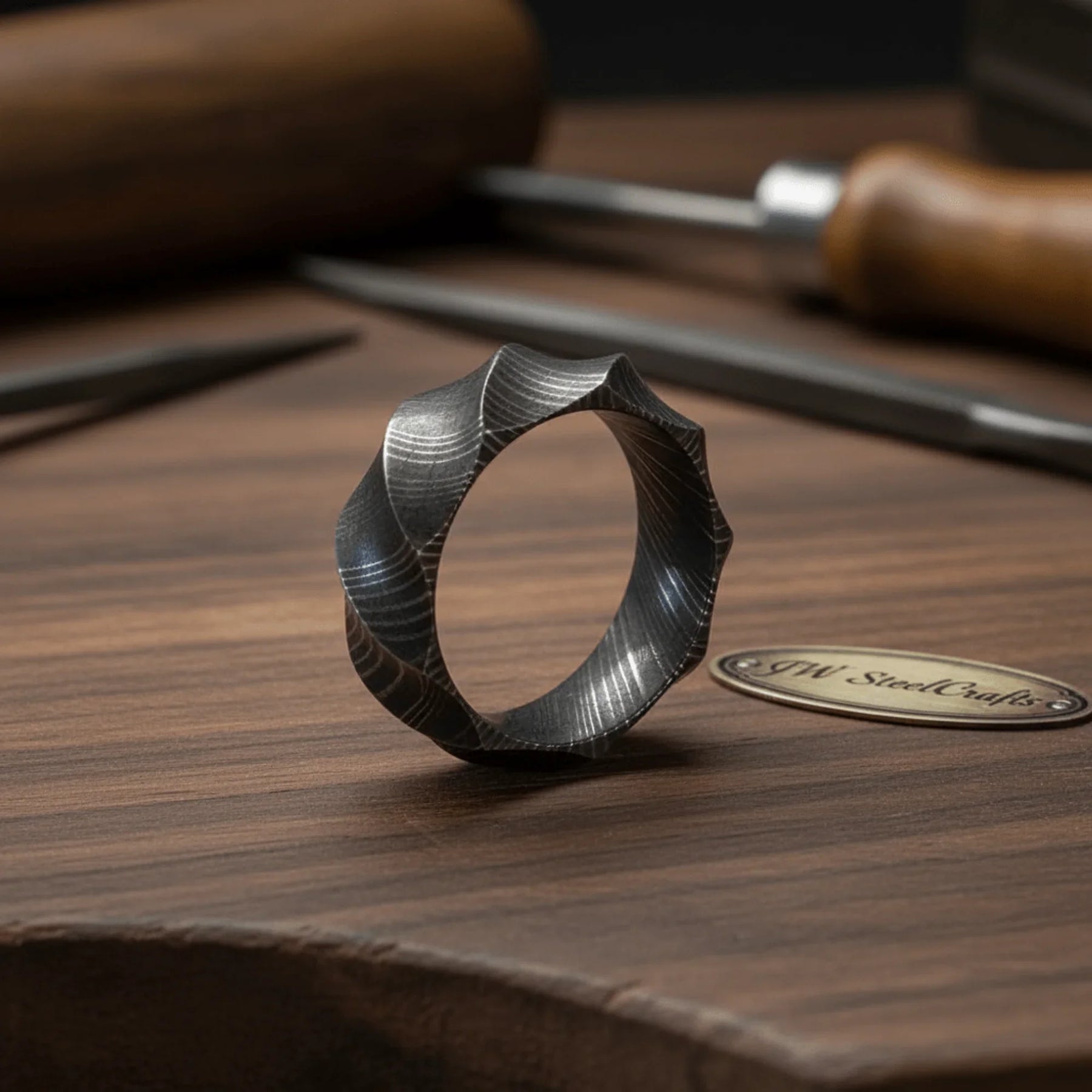 Mens Damascus Steel Faceted Wedding Band Handmade Geometric Ring by JW SteelCrafts