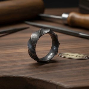 Mens Damascus Steel Faceted Wedding Band Handmade Geometric Ring by JW SteelCrafts