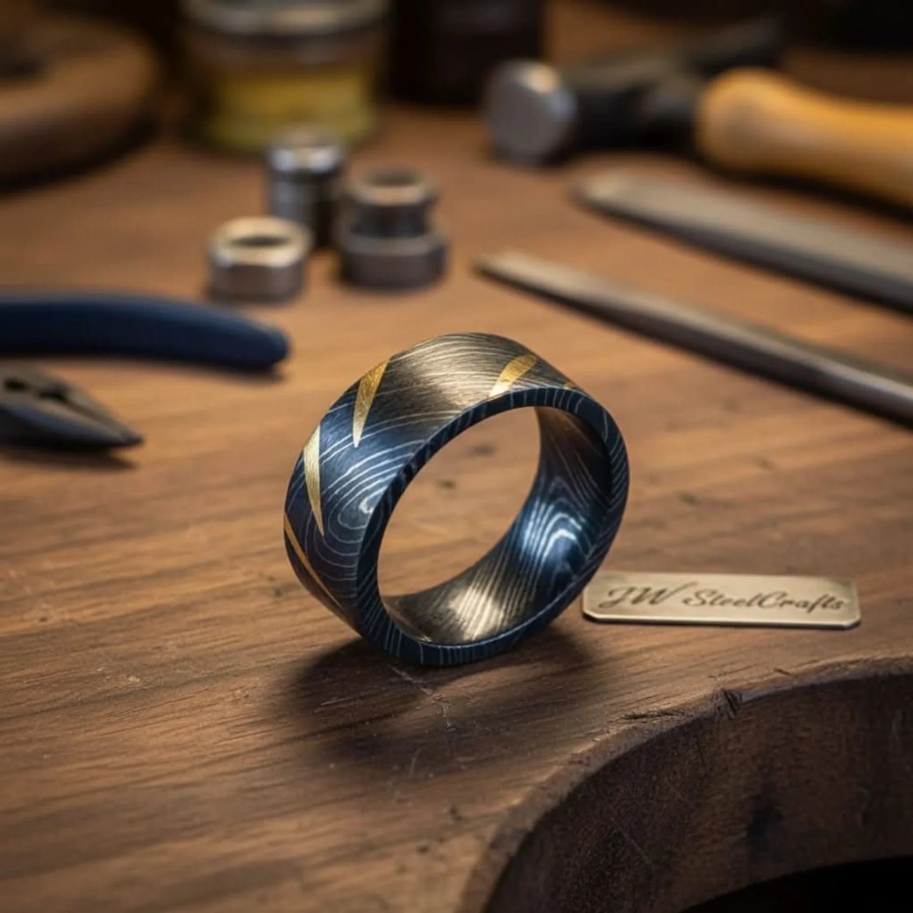Black Damascus Gold Streak Ring with Scattered Gold Marks by JW SteelCrafts