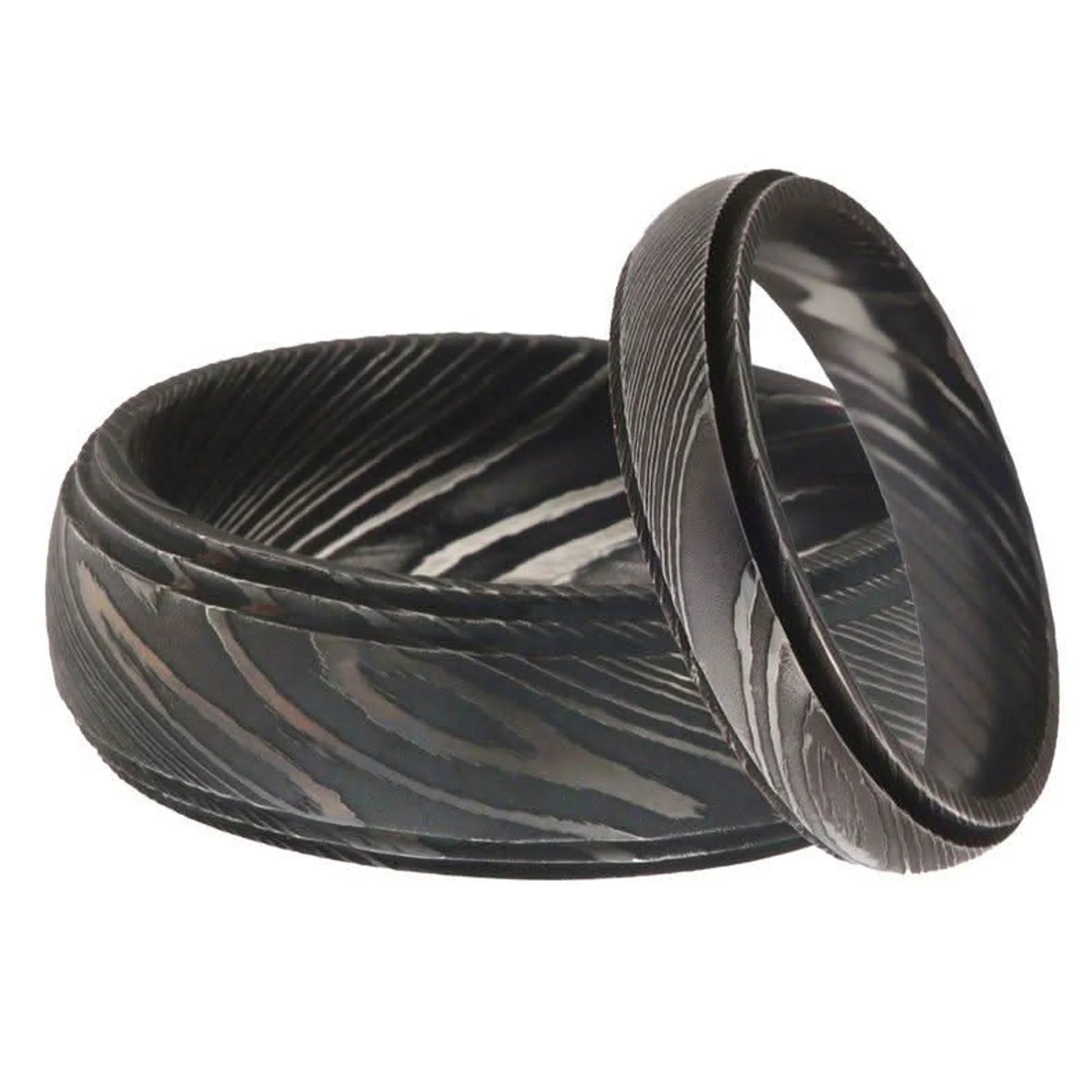 Damascus Steel Wedding Band Set with Wide and Slim Black Rings detail view by JW SteelCrafts