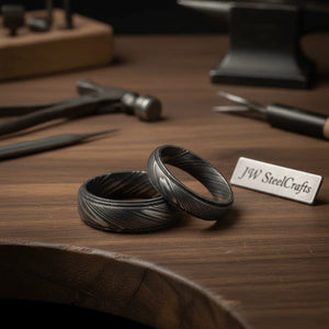 Damascus Steel Wedding Band Set with Wide and Slim Black Rings by JW SteelCrafts