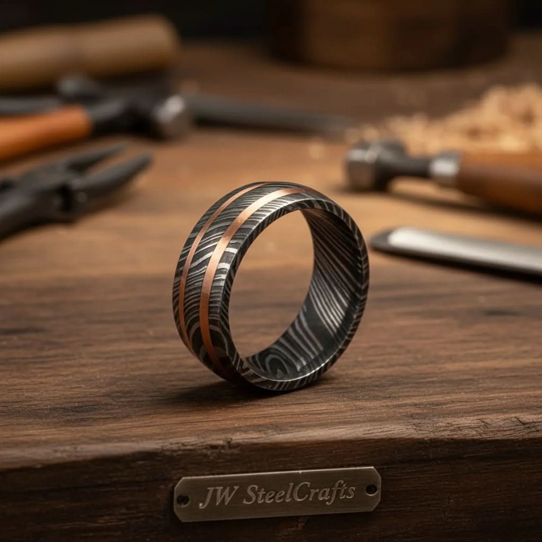 Damascus Double Copper Inlay Ring with Two Parallel Lines by JW SteelCrafts