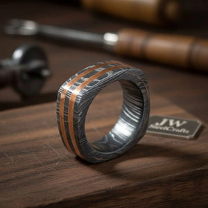 Square Damascus Copper Inlay Ring with Double Copper Lines by JW SteelCrafts