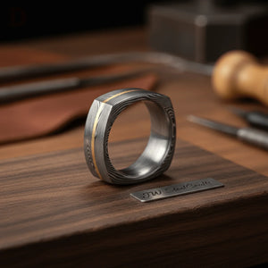 Square Damascus Gold Inlay Ring with Single Gold Line by JW SteelCrafts