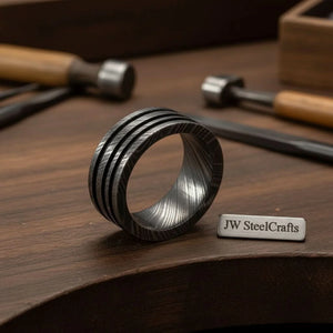 Silver Damascus Triple Groove Ring with Bright Finish by JW SteelCrafts