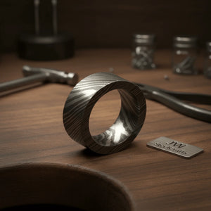 Flat Damascus Wedding Band with Wide Squared Edges by JW SteelCrafts