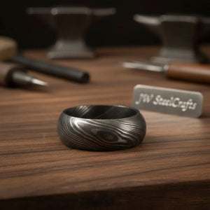Domed Twist Damascus Wedding Band with Diagonal Spiral Pattern by JW SteelCrafts