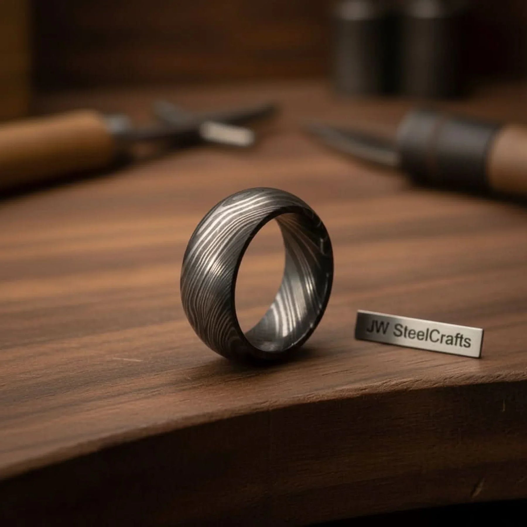 Domed Twist Damascus Wedding Band with Diagonal Spiral Pattern detail view by JW SteelCrafts