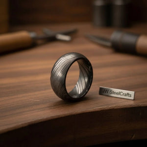 Domed Twist Damascus Wedding Band with Diagonal Spiral Pattern detail view by JW SteelCrafts