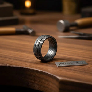 Black Damascus Double Groove Band with Etched Finish detail view by JW SteelCrafts