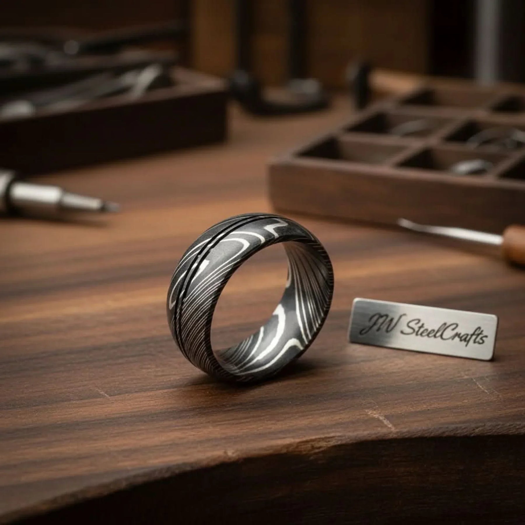 Damascus Center Double Groove Ring with Symmetric Grooves by JW SteelCrafts