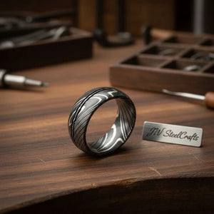 Damascus Center Double Groove Ring with Symmetric Grooves by JW SteelCrafts