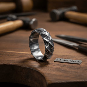 Geometric Damascus Faceted Ring with Twisted Multi-Facet Design by JW SteelCrafts