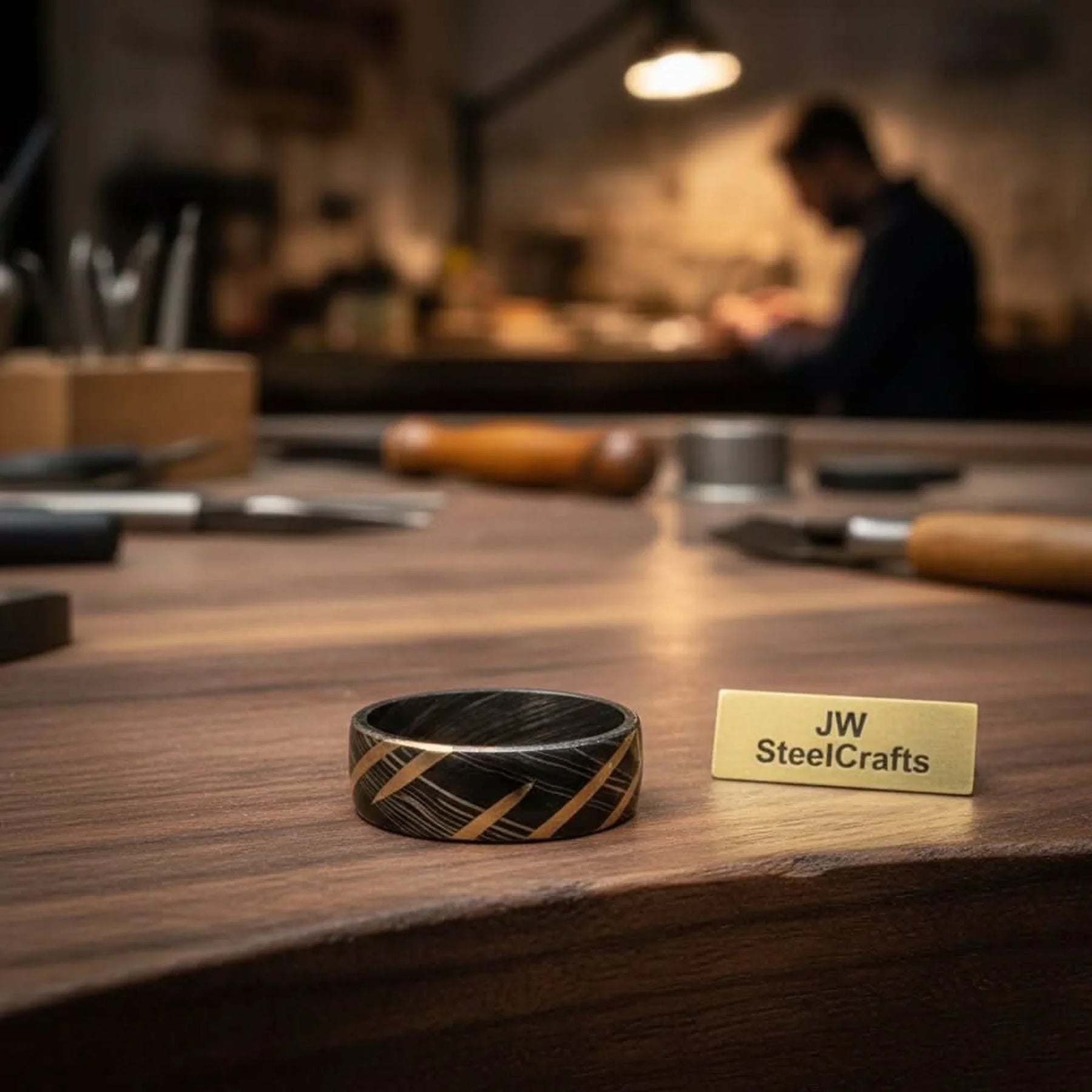 Black Damascus Gold Stripe Ring with Diagonal Multi-Stripe Inlay by JW SteelCrafts