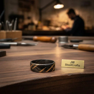 Black Damascus Gold Stripe Ring with Diagonal Multi-Stripe Inlay by JW SteelCrafts