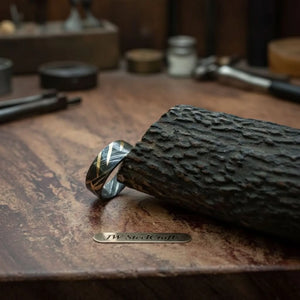 Black Damascus Gold Stripe Ring with Diagonal Multi-Stripe Inlay detail view by JW SteelCrafts