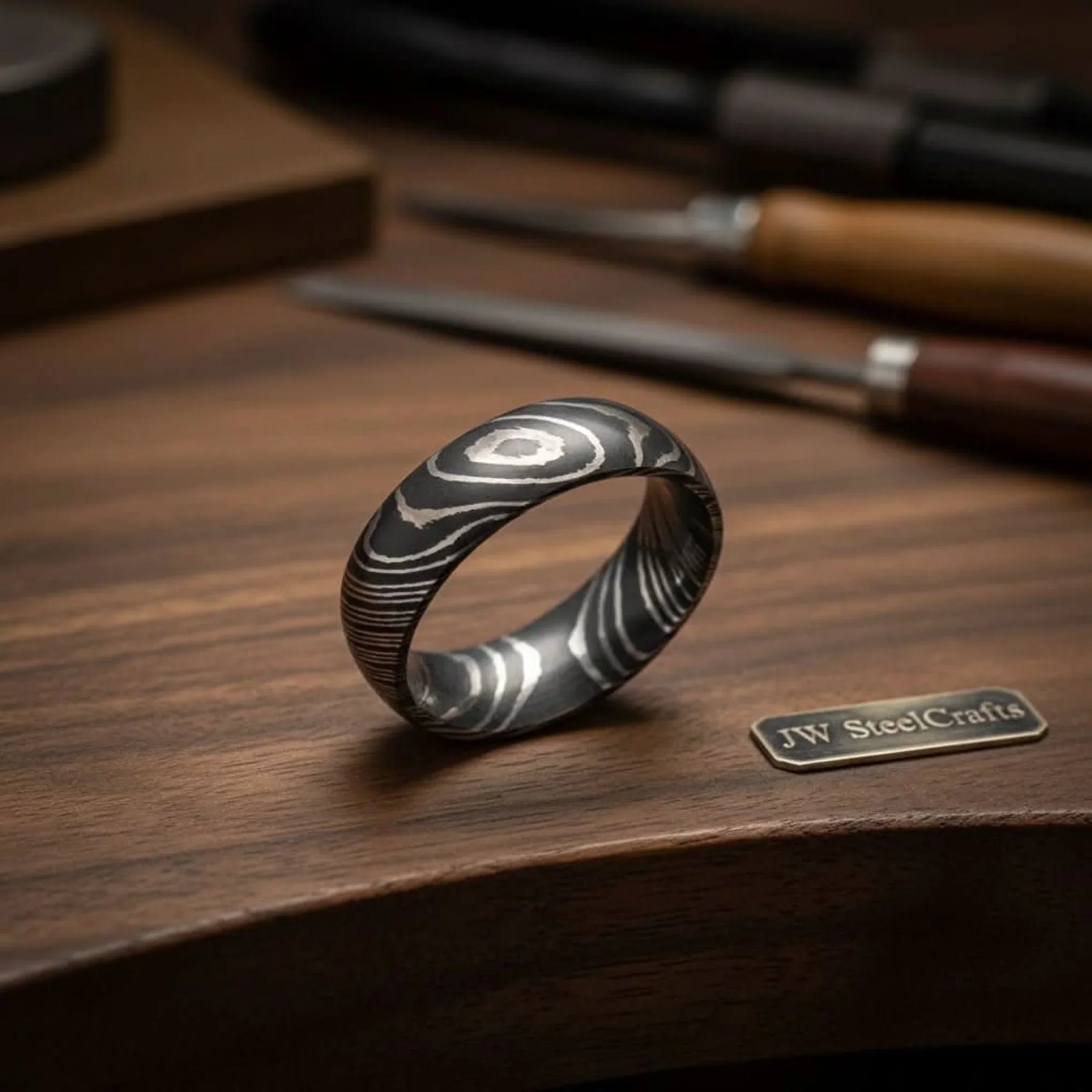 Domed Woodgrain Damascus Ring with Knot Pattern Steel by JW SteelCrafts