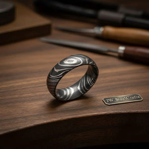 Domed Woodgrain Damascus Ring with Knot Pattern Steel by JW SteelCrafts