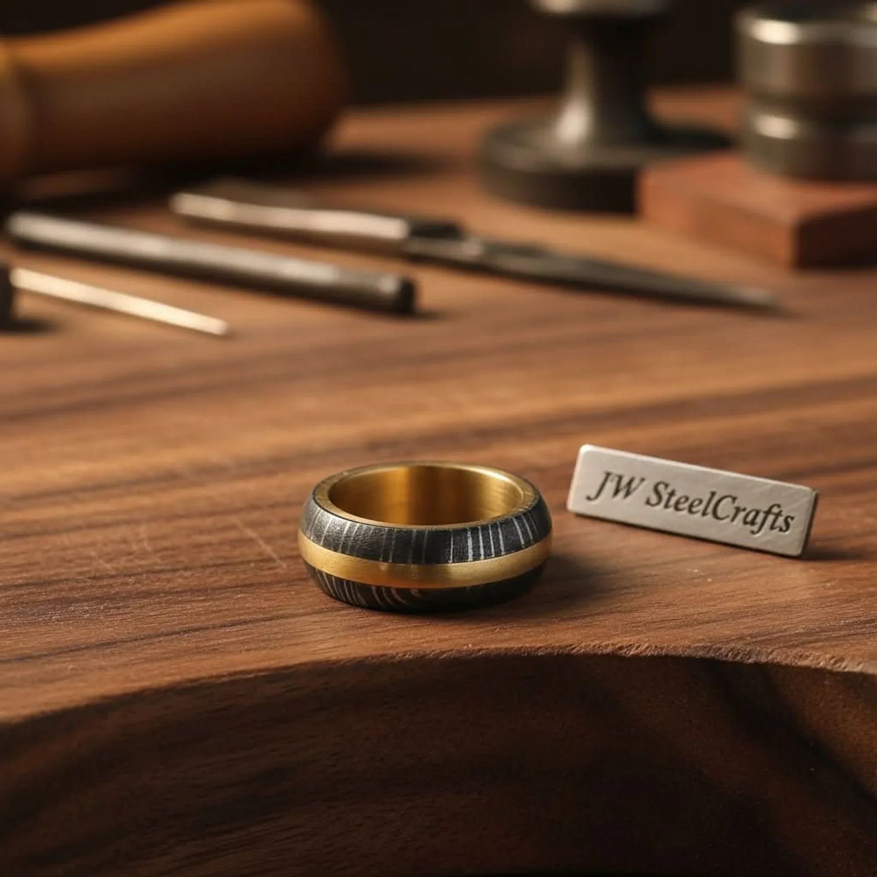 Domed Damascus Gold Inlay Ring with Wide Gold Band by JW SteelCrafts