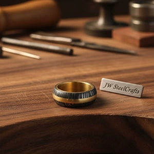 Domed Damascus Gold Inlay Ring with Wide Gold Band by JW SteelCrafts