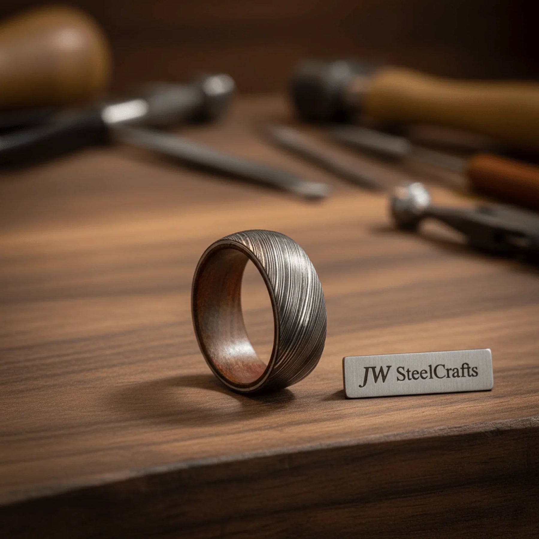 Damascus Wood Sleeve Ring with Natural Wood Liner and Linear Steel Pattern by JW SteelCrafts