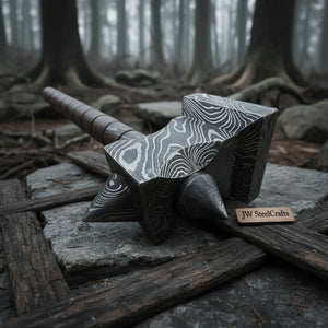 Darkforge Titan Hammer 8" Handmade Full Damascus Steel Collectible with Dual Spikes by JW SteelCrafts