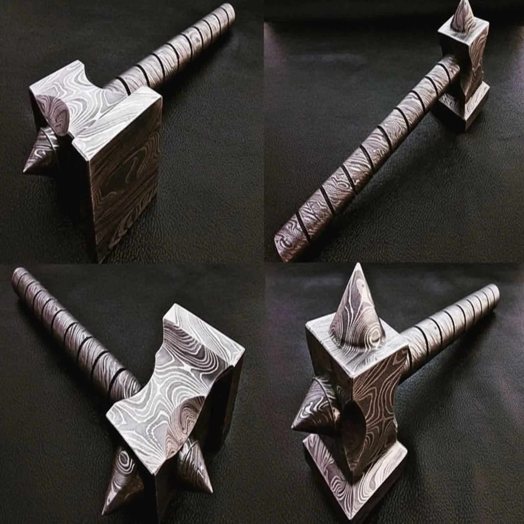 Darkforge Titan Hammer 8" Handmade Full Damascus Steel Collectible with Dual Spikes detail view by JW SteelCrafts