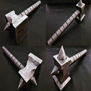 Darkforge Titan Hammer 8" Handmade Full Damascus Steel Collectible with Dual Spikes detail view by JW SteelCrafts