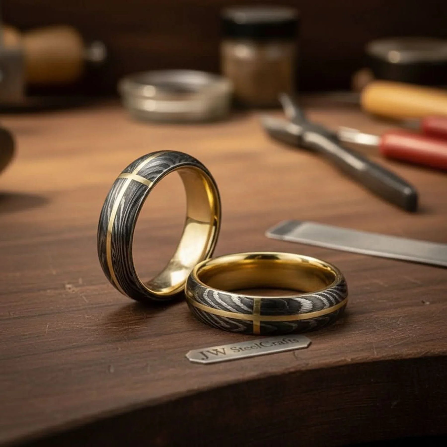 Damascus Gold Inlay Ring Set with Brass Cross Inlay by JW SteelCrafts