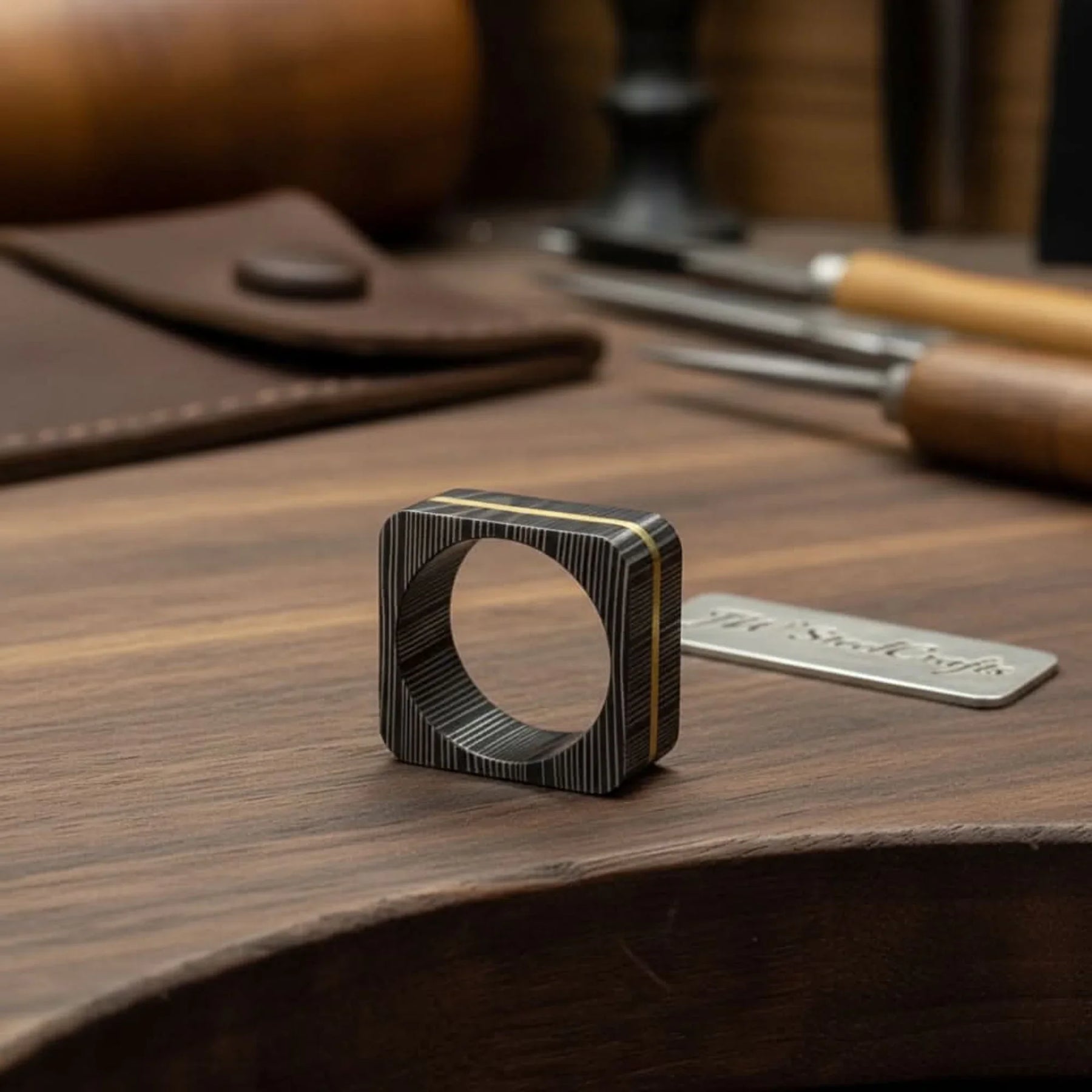 Square Damascus Steel Ring With Brass Inlay Handmade Mens Band detail view by JW SteelCrafts