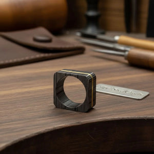 Square Damascus Steel Ring With Brass Inlay Handmade Mens Band detail view by JW SteelCrafts