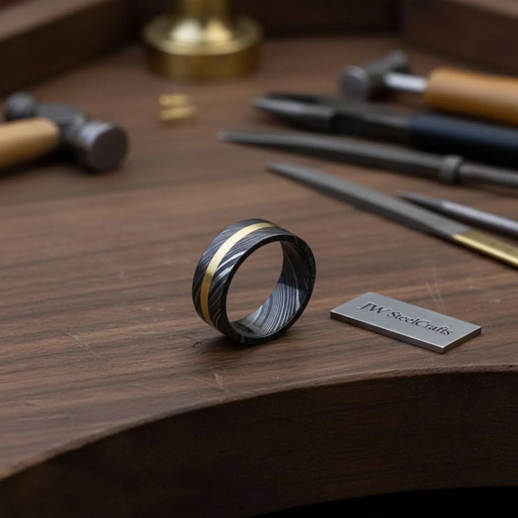 Black Damascus Offset Gold Inlay Ring with Asymmetric Gold Line detail view by JW SteelCrafts