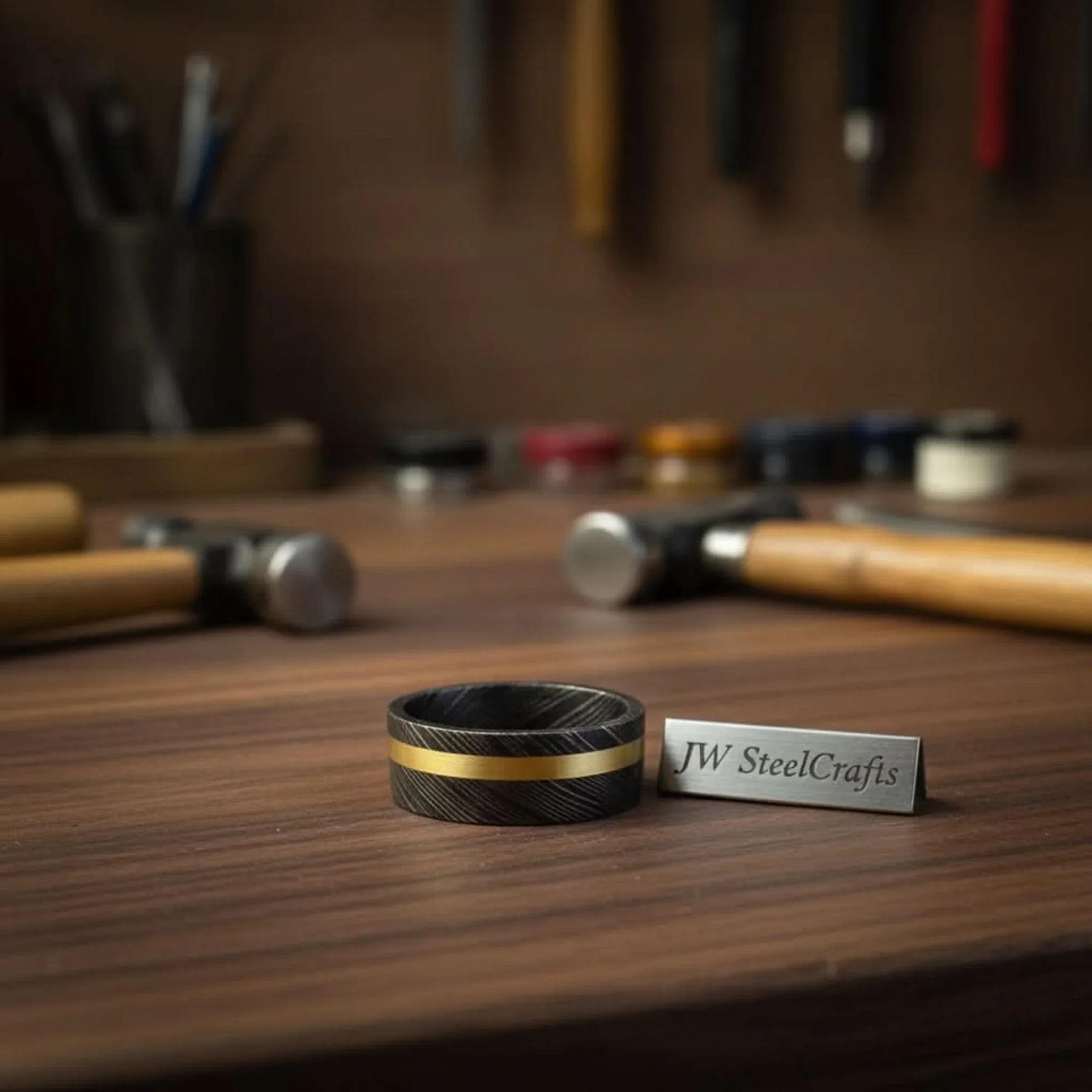 Black Damascus Offset Gold Inlay Ring with Asymmetric Gold Line by JW SteelCrafts
