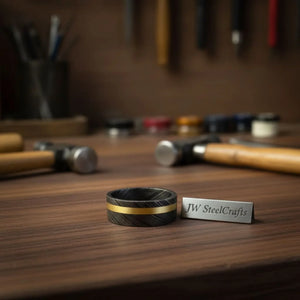 Black Damascus Offset Gold Inlay Ring with Asymmetric Gold Line by JW SteelCrafts