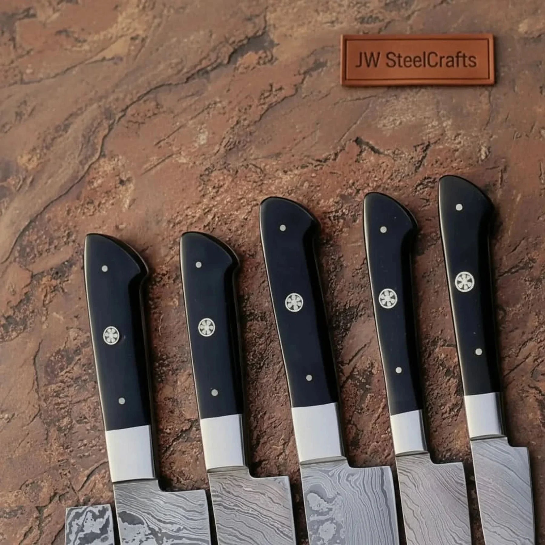 Forged 6-Piece Damascus Carving and Slicer Knife Set with Long Damascus Blades, Black Resin Handles detail view by JW