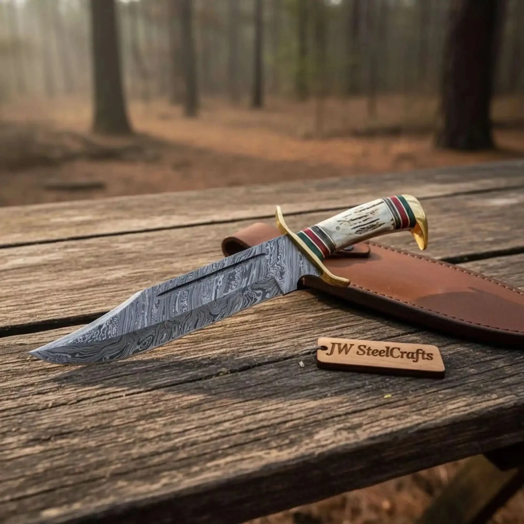 Handmade Coffin Handle Damascus Clip Point Bowie Knife with Stag Horn by JW SteelCrafts