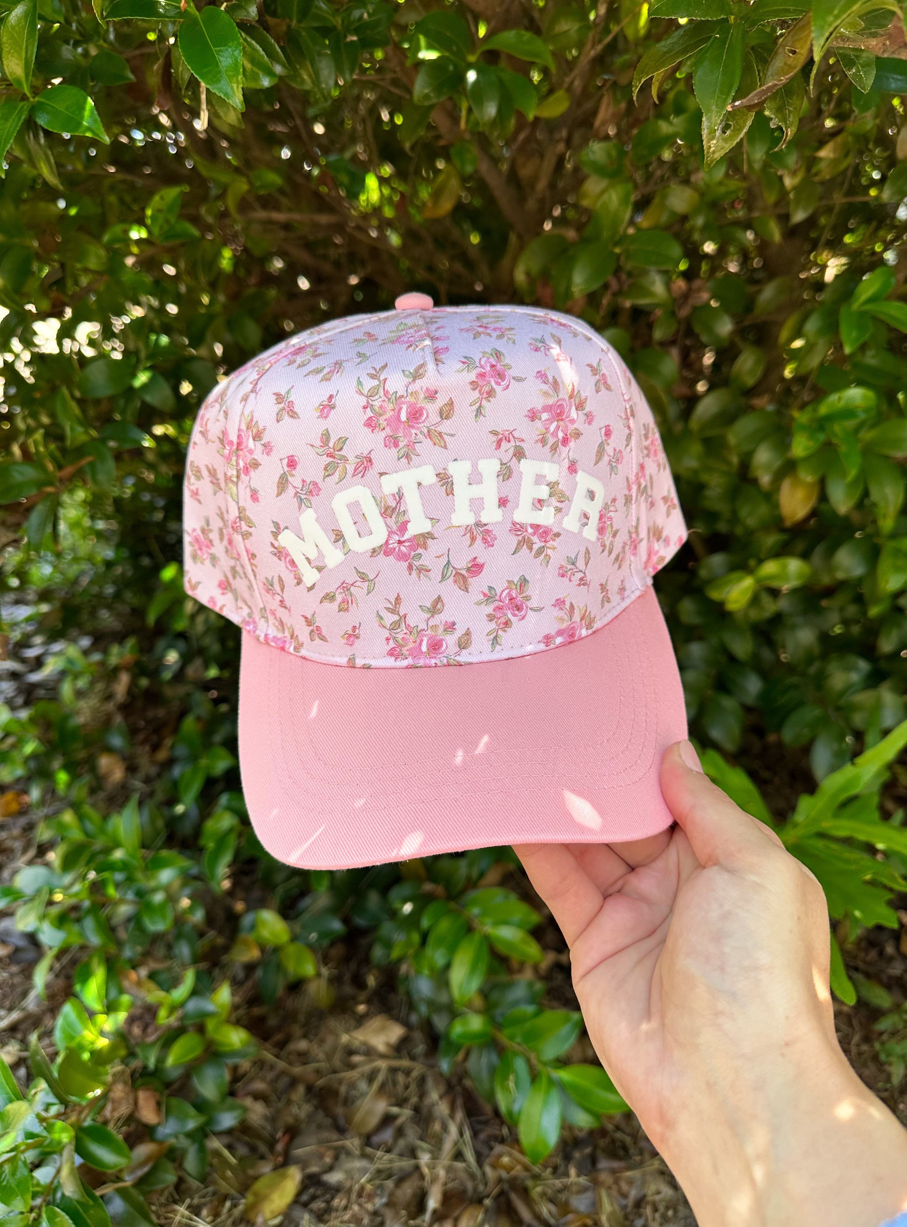 Mother Floral Light Pink Trucker Hat by Southern Bliss Company, Southern lifestyle apparel detail photo 2