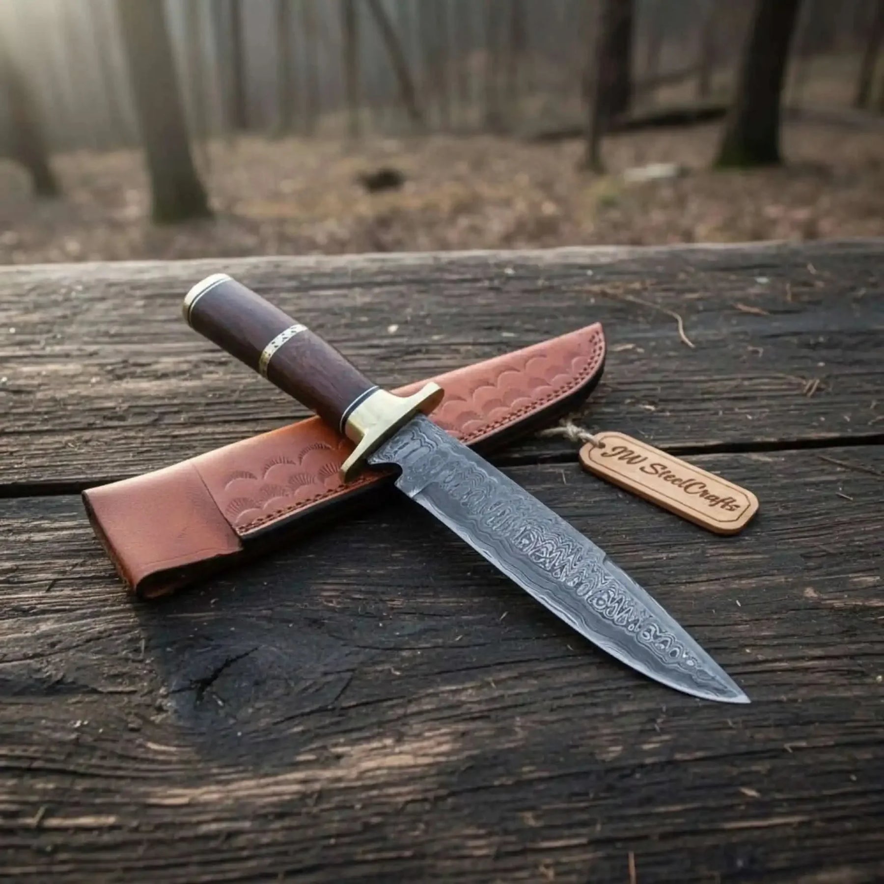 Sheffield Clip Point Damascus Bowie Knife with Rosewood Handle by JW SteelCrafts
