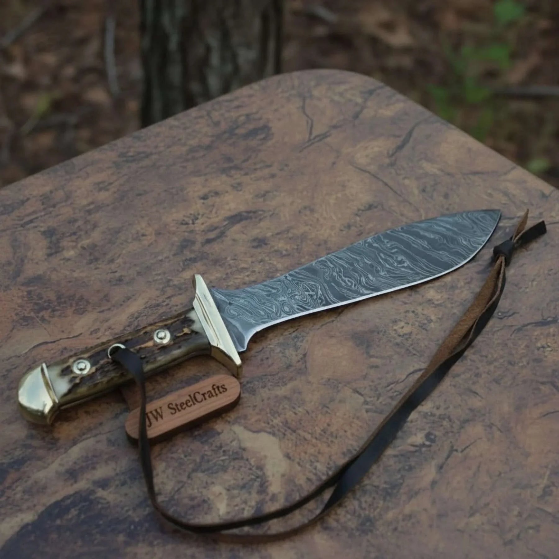 Handmade Persian-Style Upswept Bowie Knife with Stag Handle and Brass Pommel detail view by JW SteelCrafts