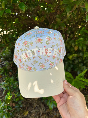 Mother Floral Coral/ Light Blue Trucker Hat by Southern Bliss Company, Southern lifestyle apparel detail photo 3