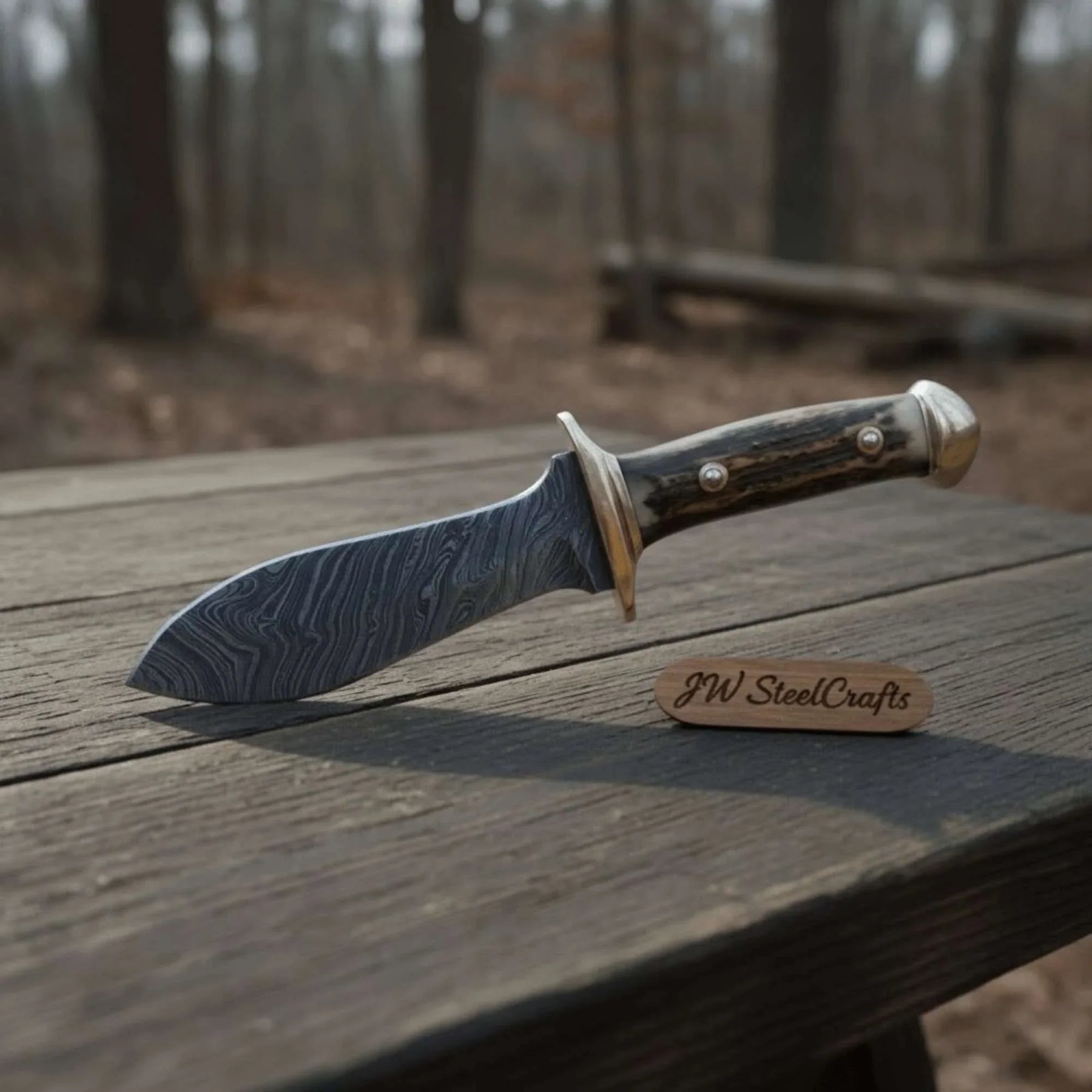 Handmade Persian-Style Upswept Bowie Knife with Stag Handle and Brass Pommel by JW SteelCrafts