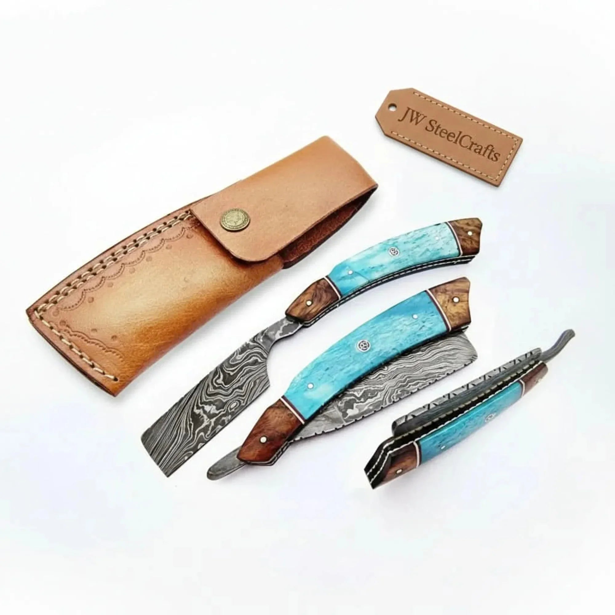 Classic Western Damascus Straight Barber Razor with Blue Bone and Rosewood Handle by JW SteelCrafts