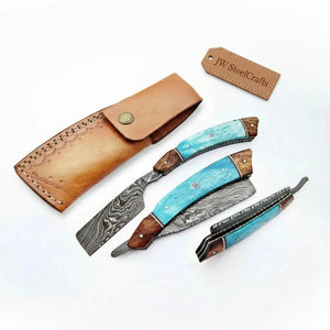 Classic Western Damascus Straight Barber Razor with Blue Bone and Rosewood Handle by JW SteelCrafts