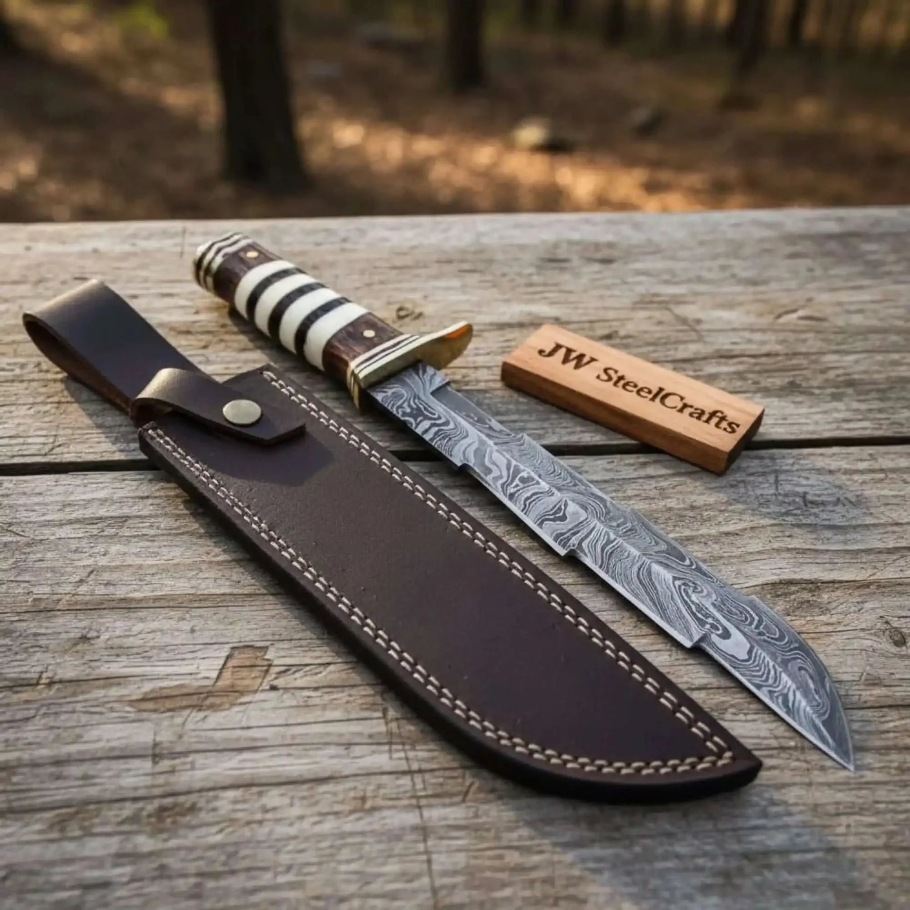 American Clip Point Bowie Knife with Damascus Steel Blade and Rosewood Handle by JW SteelCrafts